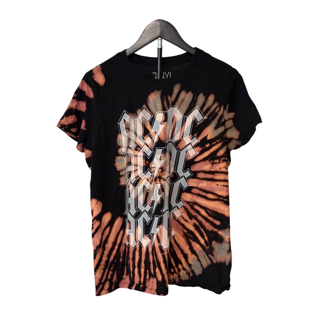Vinyl Icons AC/DC Graphic T-Shirt Bleach Tie Dye Black Orange Rock Band Small